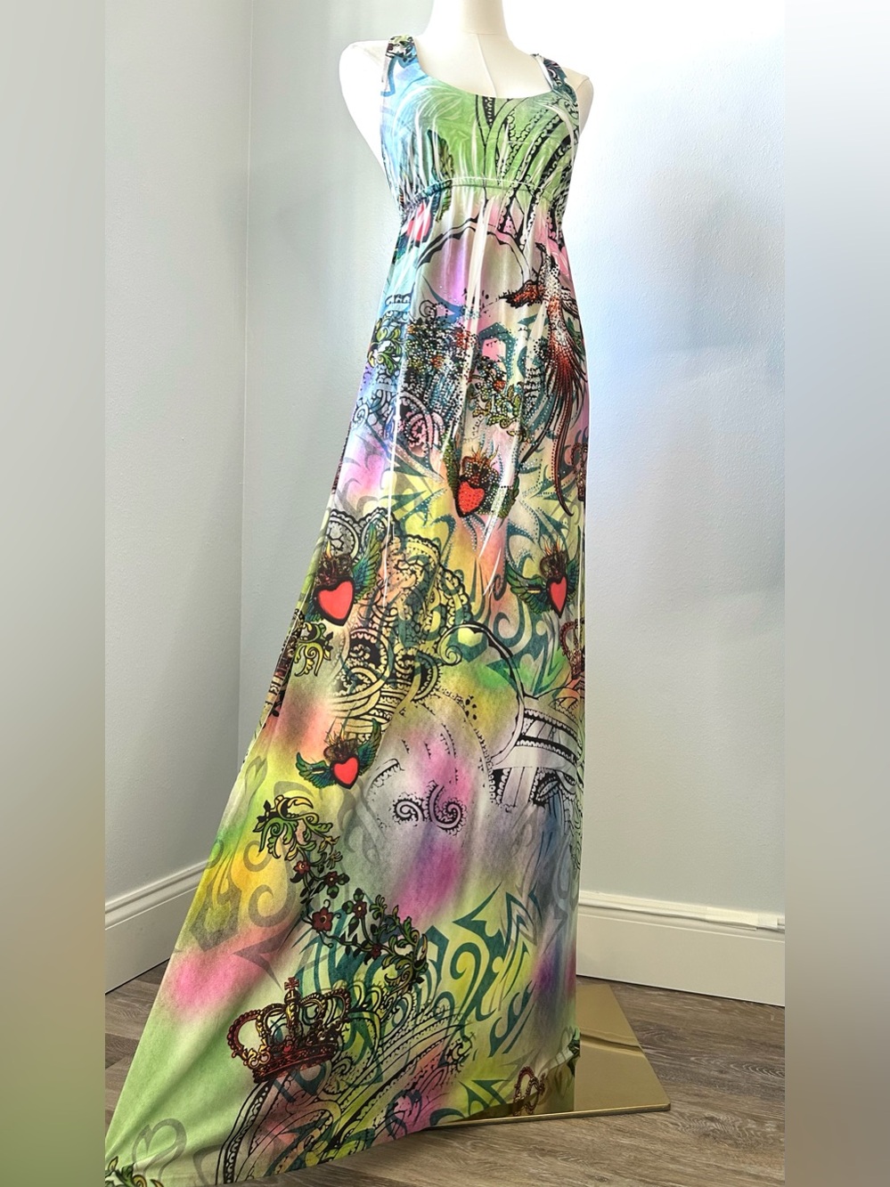 Yahada Colorful Artistic Ed Hardy Like Bedazzled Racerback Maxi Dress Womens M